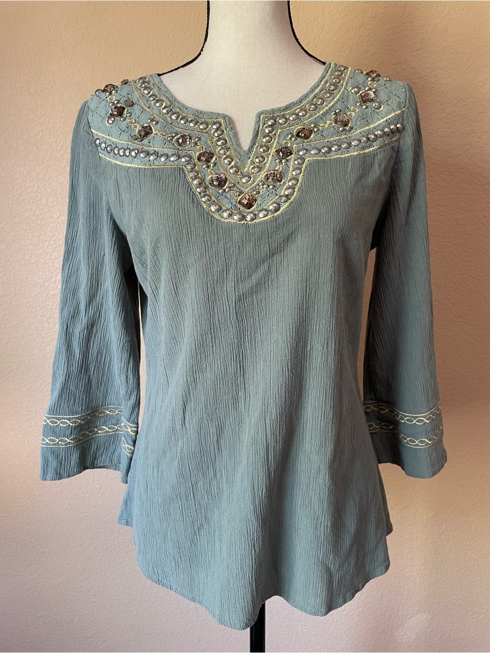 Boho Sage Green Embellished V-Neck 100% cotton Tunic Top with 3/4 Sleeves Size S